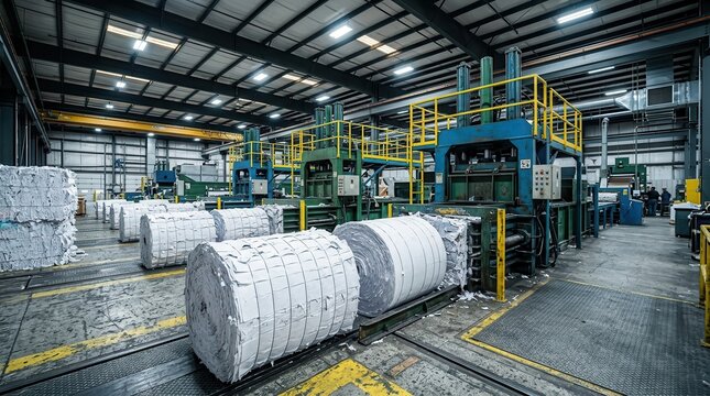 Large compressed bale of recycled paper sitting next to an industrial baler in a recycling plant.