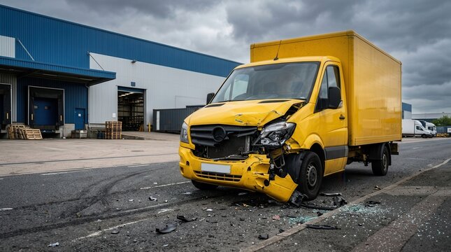Damaged yellow delivery truck with a broken front bumper parked near a warehouse entrance.