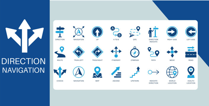 Direction and Navigation Icon Set Arrows Route Map Compass Location Vector Icons Collection