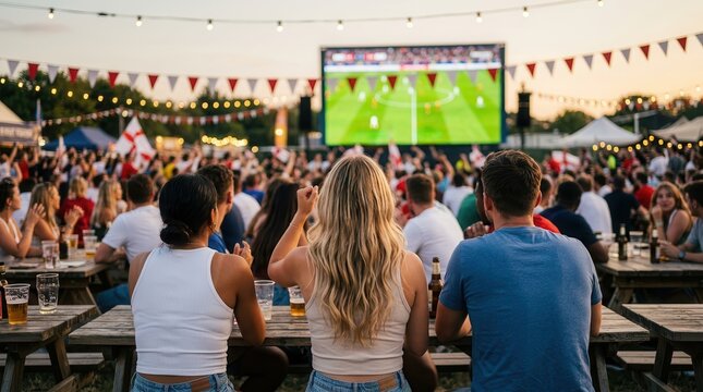 Diverse people enjoying a USA soccer match on a large outdoor big screen.