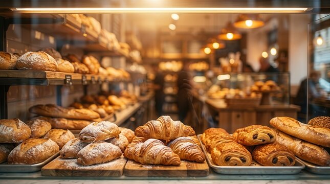Freshly baked croissants and bread rolls in a bakery display case.