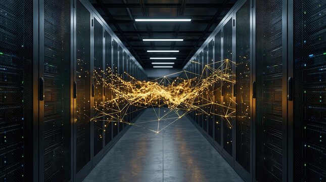 Real-time transaction monitoring and anomaly detection via glowing data overlay in a server aisle.