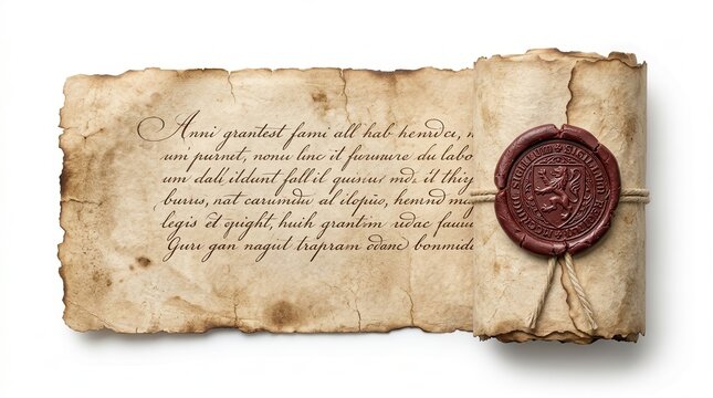 Ancient scroll with a red wax seal on a white background