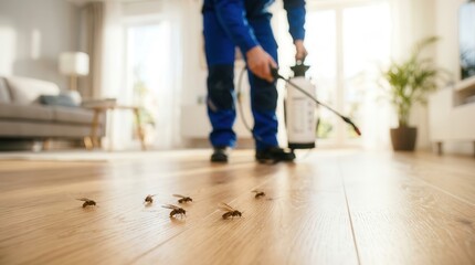 Fototapeta premium Professional exterminator spraying a domestic floor to treat a home pest problem.
