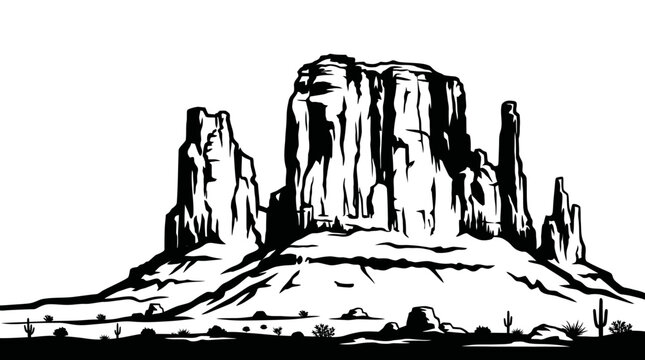 Vector illustration of Monument Valley desert rock formations with mesas and buttes, rugged landscape silhouette, American Southwest iconic scenery, black and white stylized artwork design