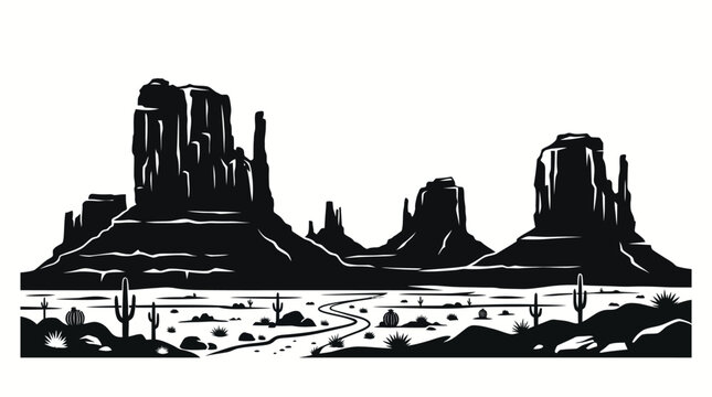 Vector illustration of Monument Valley desert rock formations with mesas and buttes, rugged landscape silhouette, American Southwest iconic scenery, black and white stylized artwork design