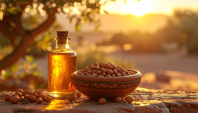 Traditional Moroccan Argan Oil. A natural organic beauty oil with argan seeds in a warm, ethnic atmosphere.
