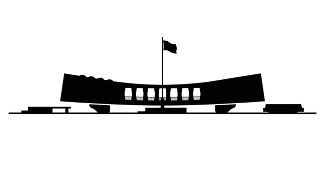Vector silhouette of USS Arizona Memorial at Pearl Harbor, iconic boat monument design, black and white minimalist artwork, American history remembrance landmark illustration style