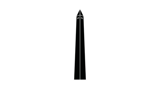 Vector silhouette of obelisk monument, tall tapering architectural landmark design, Washington Monument inspired artwork, ancient Egyptian heritage symbol black and white minimalist illustration style