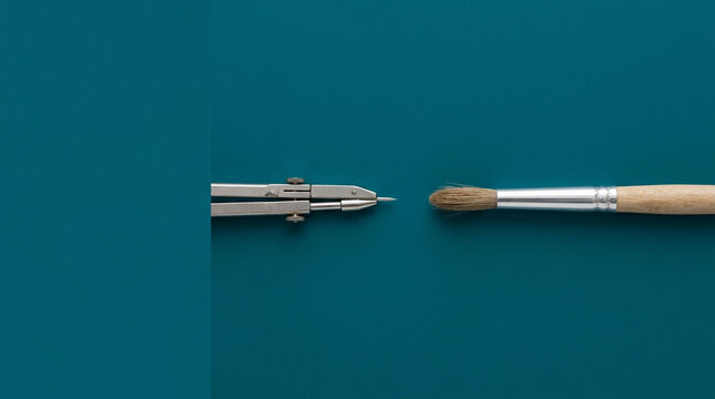 Metal compass and paintbrush facing each other on deep teal, STEM versus humanities education AI technology arts disciplines concept, copy space.