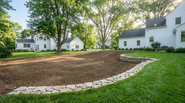 Residential backyard yard grading with excavated soil and stone border for drainage.