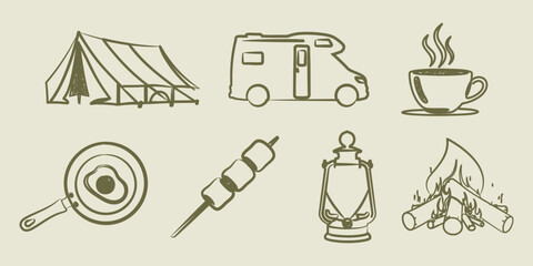 Fototapeta premium Camping doodle icon set hand drawn vector illustration with outdoor adventure elements and travel symbols