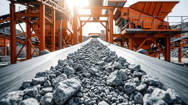 Crushed stone aggregates moving on an industrial conveyor belt inside a modern quarry production facility.