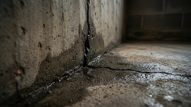 Concrete basement floor and wall corner showing a visible crack and moisture staining.