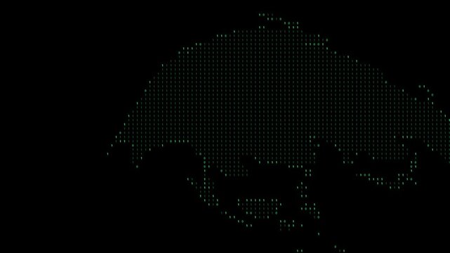 Digital world map made of binary digits seamless rotating animation. Concept of data flow, technology, global network and information systems.