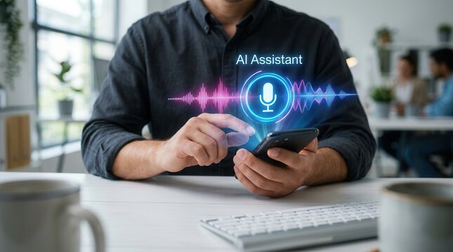Person interacting with an AI assistant voice chat interface via microphone on a smartphone.