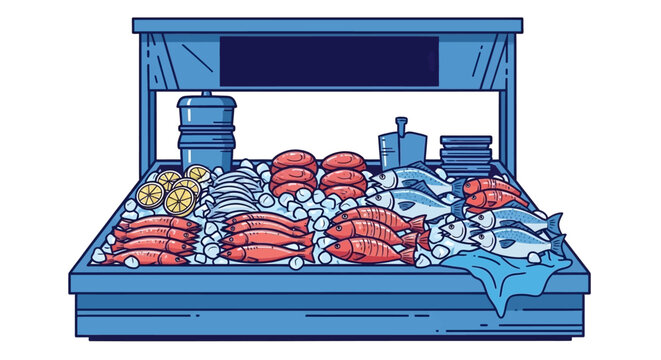 Fresh seafood on ice display.
