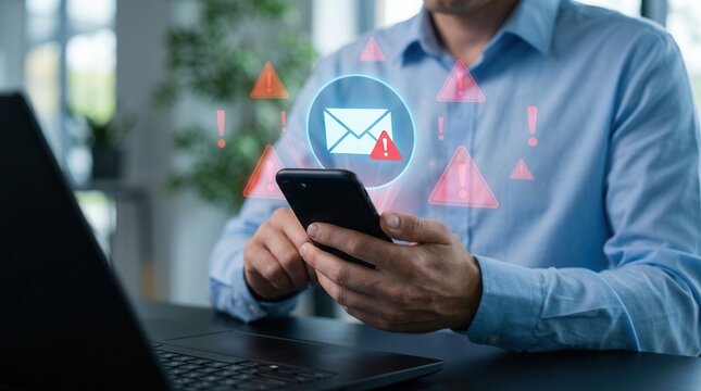 Spam email message and virus alert displayed on a digital screen.
