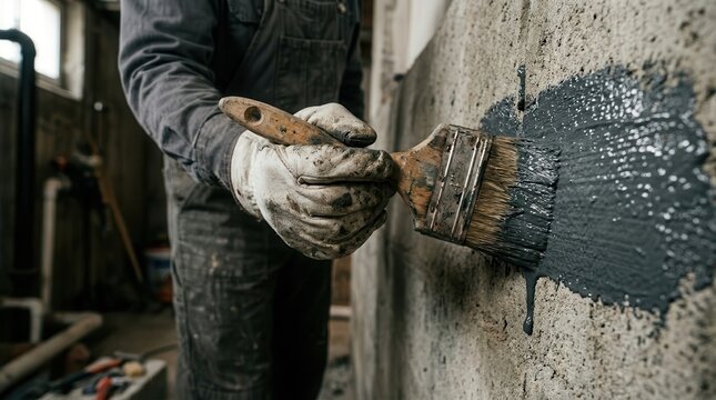 A professional worker applying a concrete coating sealant to a basement wall for waterproofing.