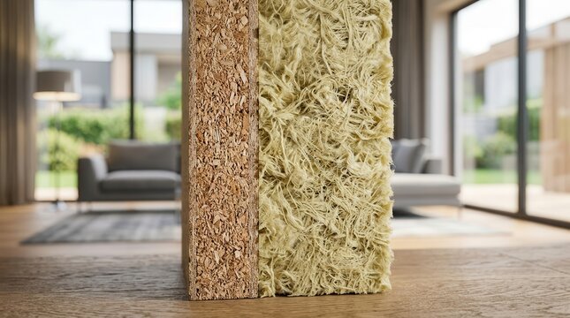Close-up of mineral wool thermal insulation panels in a modern building structure.