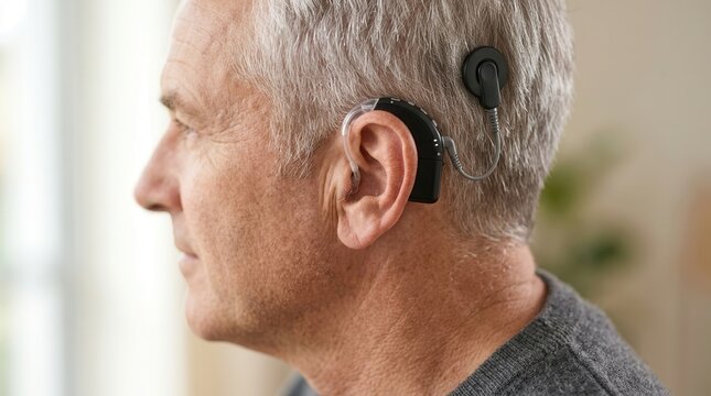 Close-up of a cochlear implant processor in a human ear for sensorineural audio loss evaluation.
