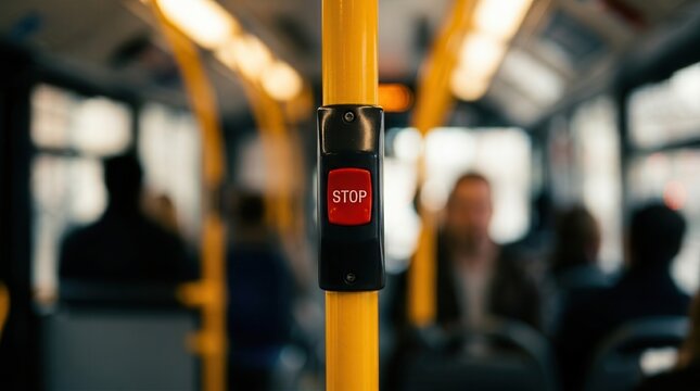 A detailed close-up of a red stop button inside a city bus with blurred passengers.