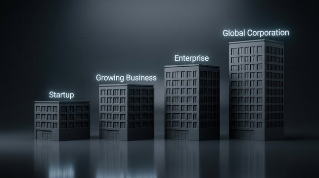 Four building blocks of increasing height labeled to represent company size categories for business growth.