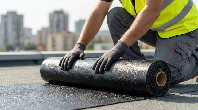 Construction worker installing a bituminous membrane waterproofing system on a flat roof.