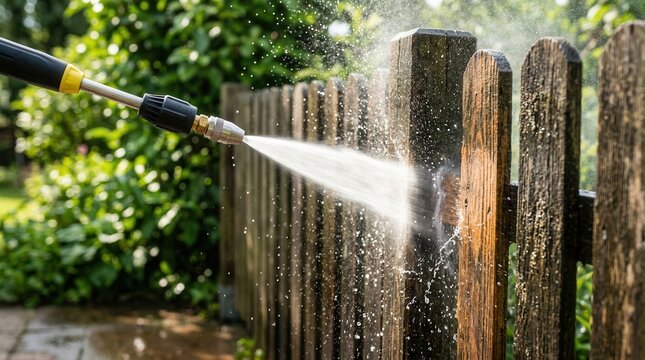 High-pressure water stream from a pressure washer nozzle cleaning a wooden fence.