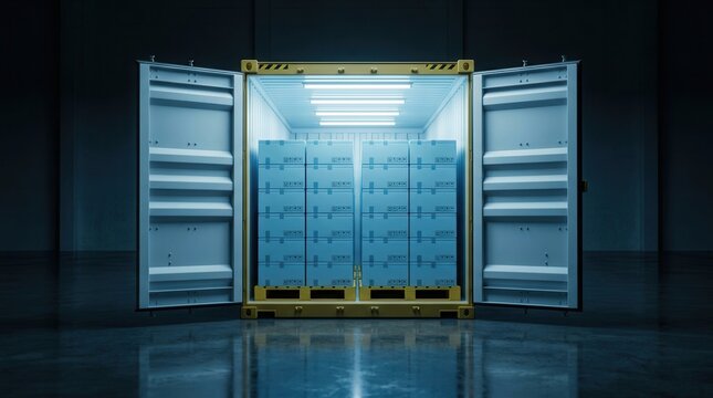 Open refrigerated container with palletized cold boxes for perishable product logistics.