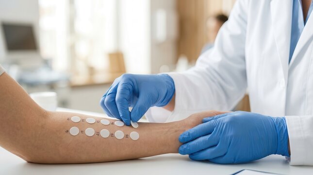 Healthcare professional applying adhesive patches for a skin allergy test on a patient's arm.