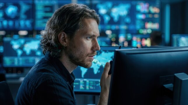 Cybersecurity analyst monitoring multiple screens during incident response in a security operations center.