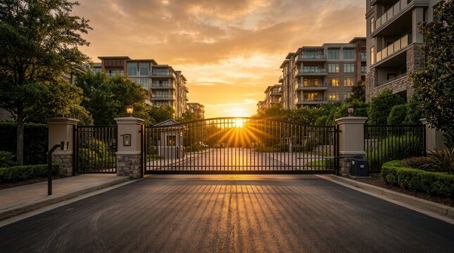 Automated gate controlling entry and exit for a gated community at sunset.
