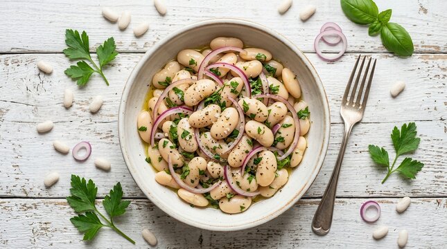 Homemade white bean salad with fresh herbs and red onion in a bowl.