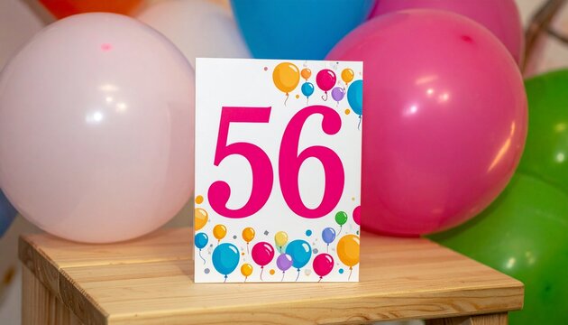 Birthday or anniversary card with number 56 with bright colors and balloons