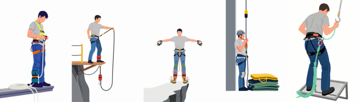 Set of illustrations depicting a man preparing for and engaging in extreme high-altitude activities like bungee jumping and rappelling with safety gear.