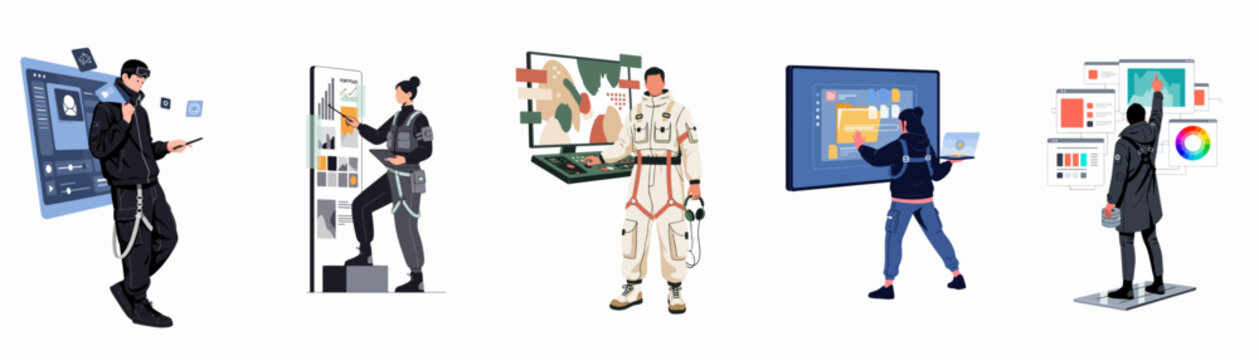 Futuristic characters in techwear interacting with digital holographic interfaces, representing the future of work, technology, and advanced UI design concepts.
