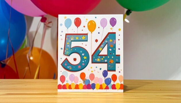 Birthday or anniversary card with number 54 with bright colors and balloons