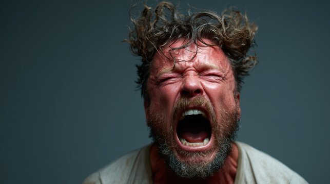 An intense close-up of a man with a distressed expression, passionately screaming into the void, encapsulating raw human emotion, frustration, and desperation.