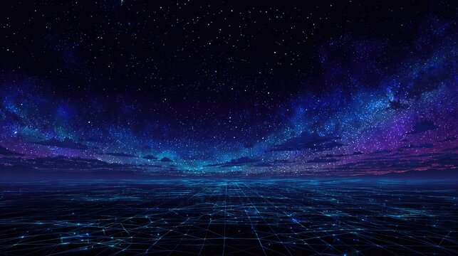 Digital expanse under a cosmic, star-filled, electric blue and purple sky