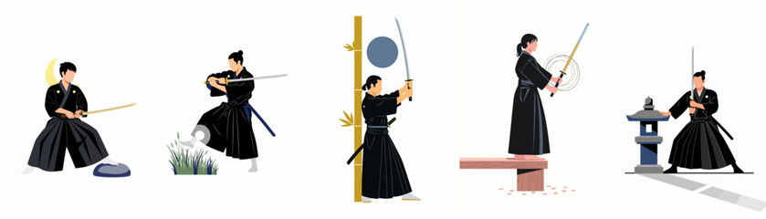 Fototapeta premium Set of Japanese samurai and martial artists illustrations performing various sword techniques with katanas in traditional attire on a white background.