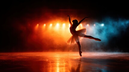 Fototapeta premium A stunning silhouette of a ballerina dancing gracefully against a beautifully lit backdrop, showcasing elegance and artistry in a mesmerizing and enchanting setting.