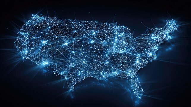 Illuminated digital network overlaying a map of the United States
