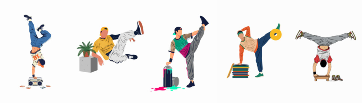 Flat illustration of young men in hip-hop street style performing breakdance moves with retro boombox, spray paint, and vinyl records
