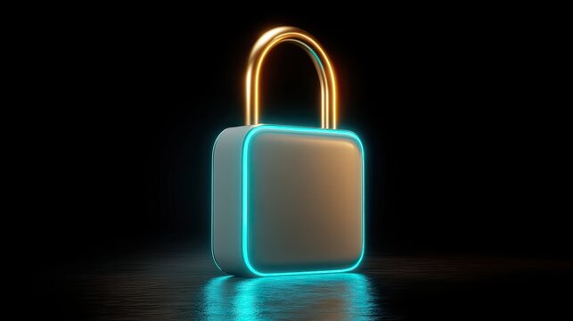 Modern, glowing padlock with futuristic teal and gold illumination on dark background