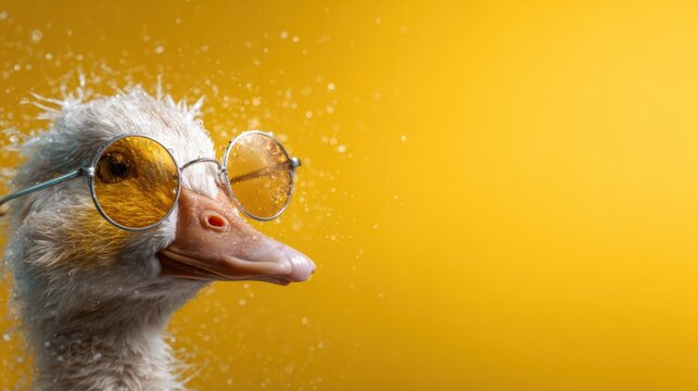 A delightful duck sporting stylish sunglasses captured with a vibrant yellow background, symbolizing cheerfulness, fun, and creativity in a playful manner that appeals to viewers.