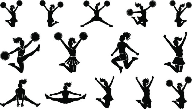 Cheerleader silhouettes set with jumping poses pom poms energetic dance moves sports team spirit vector collection