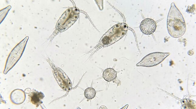 Microscopic view of various aquatic plankton, including copepods and other protists, under magnification.