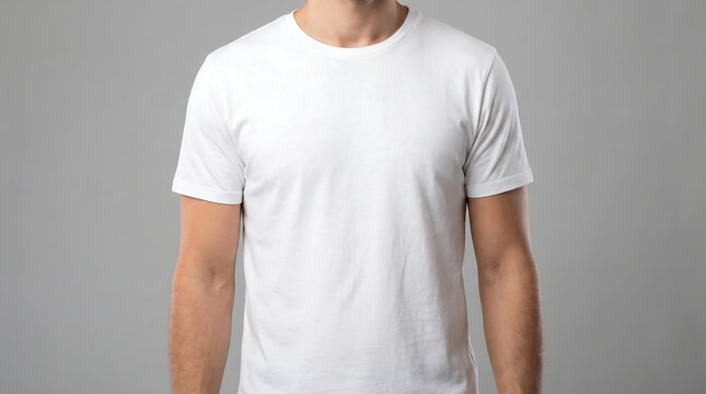 man wearing white t-shirt standing alone in studio gray background