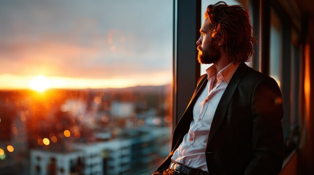 A man dressed in formal attire stands gazing thoughtfully out a skyscraper window, observing a beautiful sunset, symbolizing contemplation and aspiration in urban life.